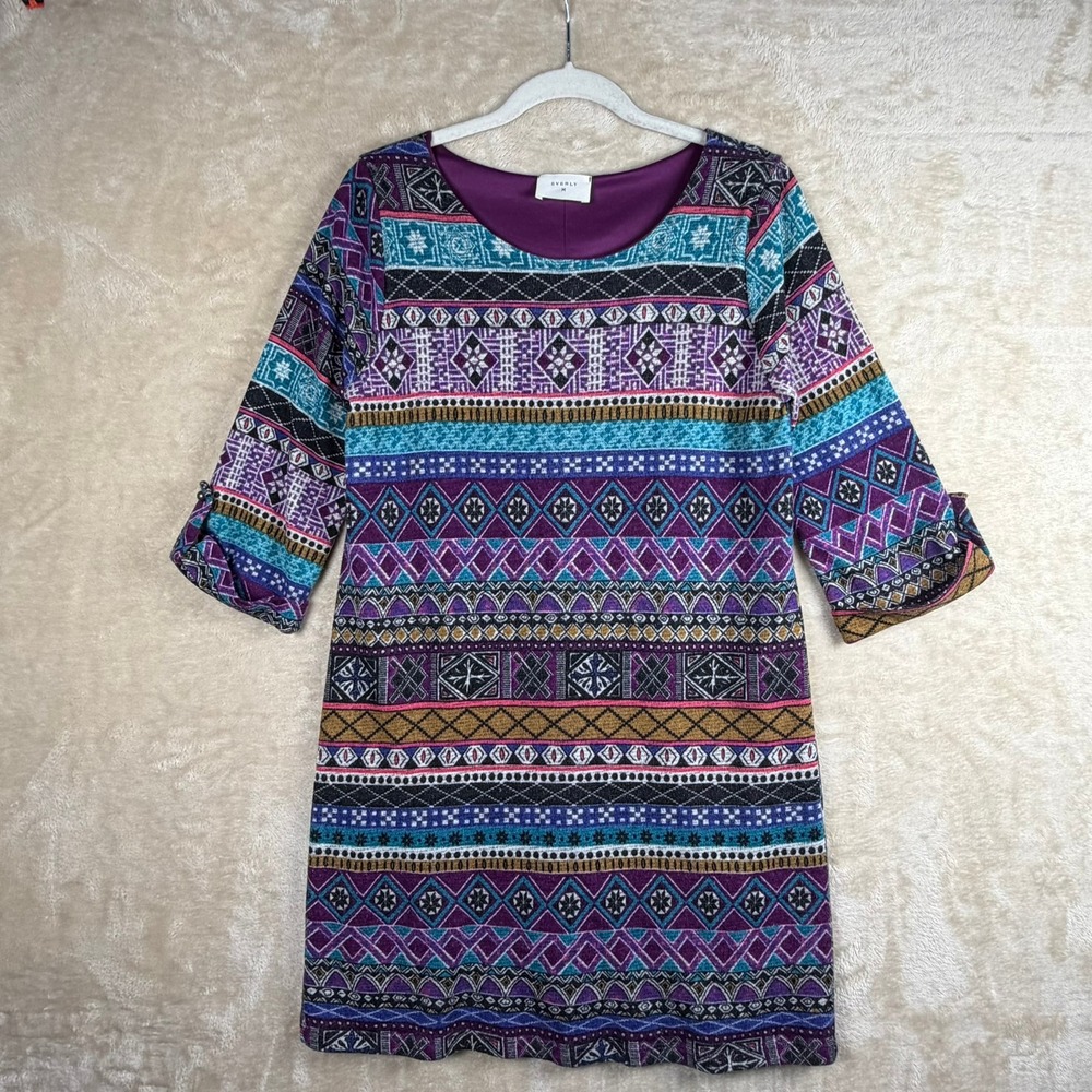 Everly Womens Small Purple Teal‎ Geometric Tribal Print 3/4 Sleeve Shift Dress